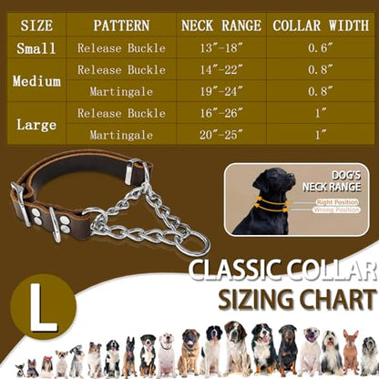 Leather Martingale Dog Collar, Soft Genuine Cowhide Handmade Assembled Stainless Steel Chain Martingale Collar Adjustable for Medium Large Dogs Pets. (L, Neck 20-25"(Martingale)) - size: L, Neck 20-25"(Martingale)