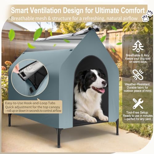 36" Outdoor Dog House Indoor Shelter for Small to Medium Dogs up to 55 lbs, Elevated Pet Bed with Removable Canopy, Breathable Mesh Windows, Raised Cooling Shelter for Patio Yard