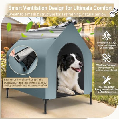 36" Outdoor Dog House Indoor Shelter for Small to Medium Dogs up to 55 lbs, Elevated Pet Bed with Removable Canopy, Breathable Mesh Windows, Raised Cooling Shelter for Patio Yard