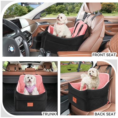 GL GLENSLAVE Dog Car Seat for Small/Medium Dogs, Dog Booster Car Seats with Thick Cushion for Dogs Under 35 lbs, Detachable Washable Pet Carseat with Storage Pockets, 2 Safety Belts(Black/Pink) - color: Black/Pink