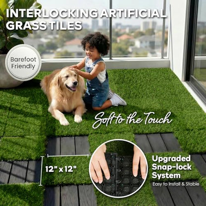 XLX TURF Interlocking Fake Grass Tiles 12 X 12 Inch, Self-draining Artificial Grass Squares for Patio, Balcony, U Shape Buckle System, 6 Pack - color: U Shape Lock Tile-green, size: 12"x12"/6 Piece