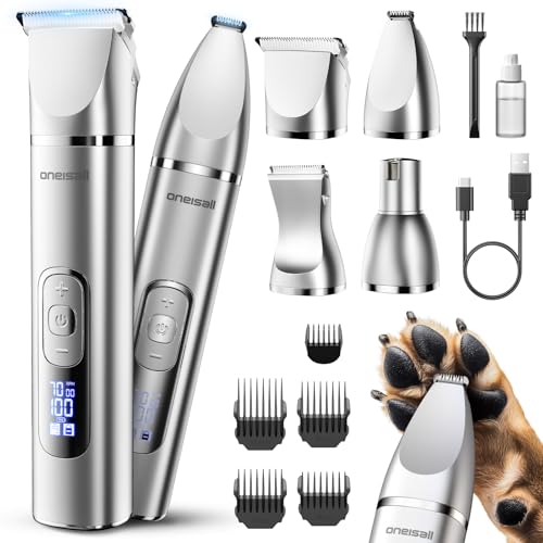 oneisall 4 in 1 Dog Grooming Kit with LCD Display, Dog Hair Trimmer for Paw Nail Grinder, Rechargeable Cordless Low Noise IPX7 Waterproof Pet Clippers - color: Silver