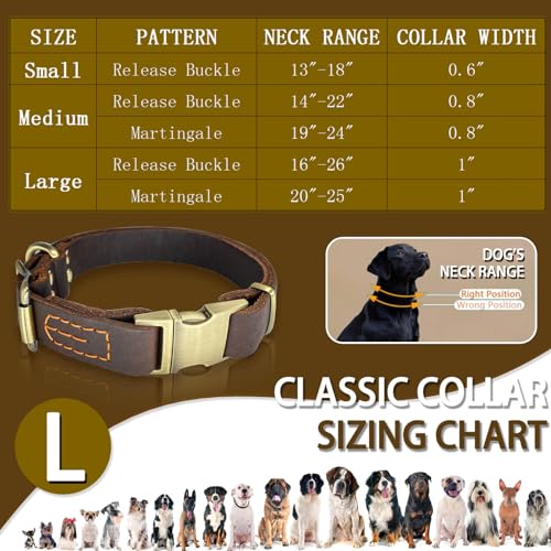 Leather Dog Collar with Metal Quick Release Buckle, Soft Genuine Cowhide Heavy Duty Metal Dog Collar Adjustable for Small Medium Large Dogs Pets. (L, Neck 16-26"(Release Buckle)) - size: L, Neck 16-26"(Release Buckle)