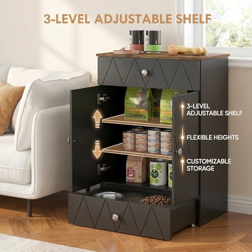 Pet Feeding Station with Storage, Raised Dog Bowls, Pet Feeder Cabinet, with Adjustable Shelves, Rolling Drawer, Hooks, for Feeding & Watering Supplies (Black) - color: Black