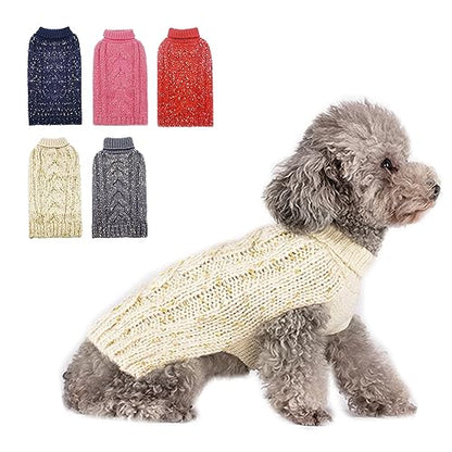 KYEESE Dog Sweater Pullover Winter Coat Turtleneck Knitwear with Golden Yarn for Small Dog, Beige, Medium - color: Beige, size: Medium