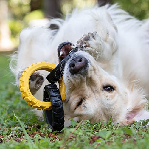 Tonka 3-Ring Tug Outdoor Dog Toy, 10.5 Inch Ring Dog Tug Toy for Medium and Large Breeds, Black/Yellow - size: 10.5 inch Rubber Flex Tread