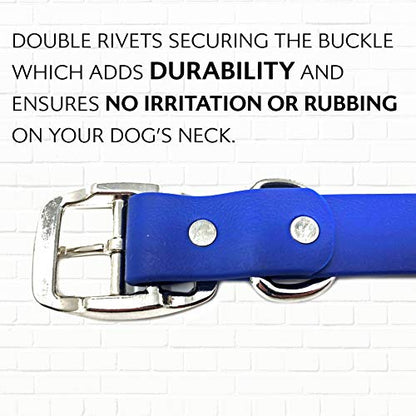 Regal Dog Products Large Blue Dog Collar with Heavy Duty Double Buckle & D Ring | Vinyl Coated, Custom Fit, Adjustable Biothane Dog Collar | Chew Resistant Waterproof Center-Ring Collar for Dogs - color: Blue, size: Large