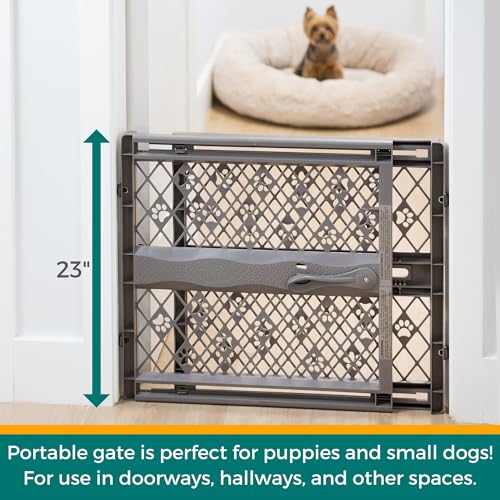 MYPET Paws Portable Pet Gate: 26-40" Wide Expandable, Pressure Mounted No Tools Needed, Durable Dog Gate for Doorways, Made in USA, 23" Tall, Fieldstone Gray - color: Fieldstone