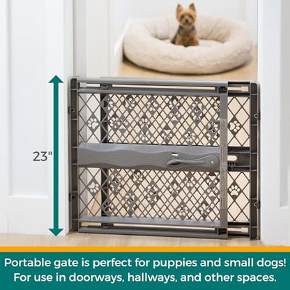 MYPET Paws Portable Pet Gate: 26-40" Wide Expandable, Pressure Mounted No Tools Needed, Durable Dog Gate for Doorways, Made in USA, 23" Tall, Fieldstone Gray - color: Fieldstone