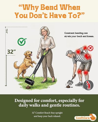 32" Long Handle Pooper Scooper – No Bending Required, Easy & Clean Pickup for Dog Owners, Comfortable Grip Heavy Duty Scoop for Yard, Grass & Walks