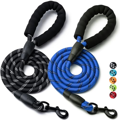 2 Pack Dog Leash, 4/5//6 FT Heavy Duty Nylon Rope Pet Leashes with Comfortable Padded Handle, Reflective Dog Leashes for Small Medium and Large Dogs (4FT-1/2,Black/Dark Blue) - color: 2PCS-Black+Dark Blue, size: 1/2"x 4 FT (18~120 lbs.)