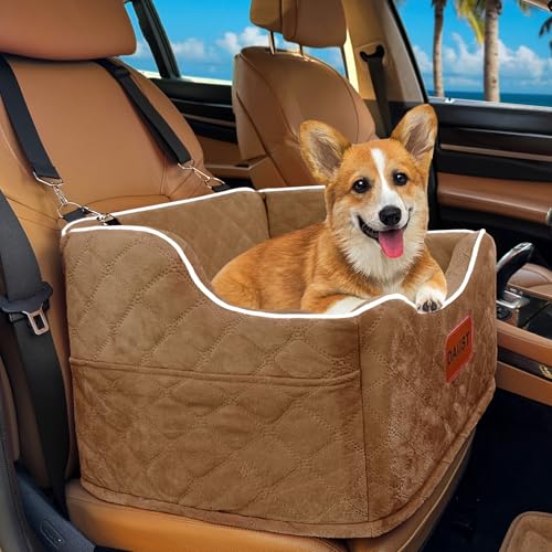 Dog Car Seat for Small Medium Dogs, Detachable Washable Dogs Booster Seat Under 35lbs, Elevated Dog Car Bed with Storage Pockets (Khaki, One Size) - color: Khaki