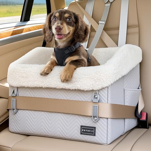 PETSFIT Small Dog Car Seat, Waterproof PU Leather Dog Booster Car Seat with Patented Safe Buckles, Pet Carseat for Medium or Small Sized Pets up to 30 lbs (Grey) - color: Grey