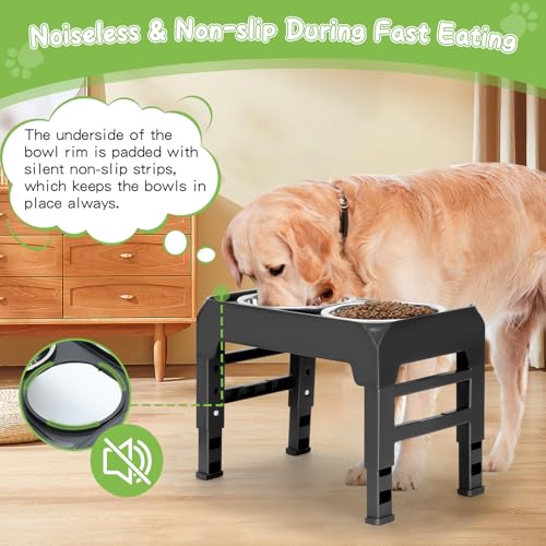 Elevated Bowls with Adjustable Heights - Raised Stand with 2 Stainless Steel Food Bowls, Non-Slip Foldable Feeder for Medium Large Dogs, Adjusts to 12.36", 10.75", 9.2", 3.7", Black - color: Black, size: Medium dogs