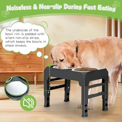 Elevated Bowls with Adjustable Heights - Raised Stand with 2 Stainless Steel Food Bowls, Non-Slip Foldable Feeder for Medium Large Dogs, Adjusts to 12.36", 10.75", 9.2", 3.7", Black - color: Black, size: Medium dogs
