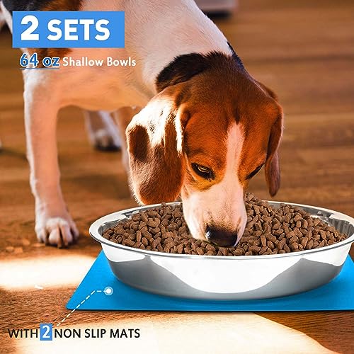 Shallow Dog Food Bowls, Non Slip Food Grade Stainless Steel Bowls for Large Dogs - Interior Size (Dia:10.6" xHeight 2.0") Hold 8 Cups / 2 Quart (2 Packs)