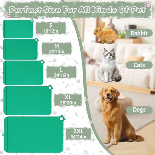 Silicone Pet Feeding Mat - Waterproof Dog & Cat Bowl Mat with Raised Edges, Hooks & Residue Collection Pocket - color: Turquoise Green, size: 36''x24''