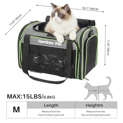 Gardner Pet Expandable Cat Carrier Airline Approved (18x12x12 in), 2-Side Square Extension Pet Travel Carrier for Medium Cats up to 15 lbs, Mesh Soft-Sided Cat Carrier Bag