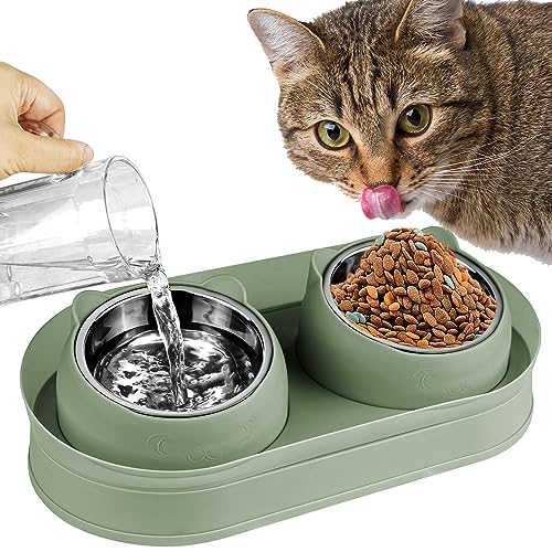 Elevated Raise Tilted Cat Food Bowls,with Stand Stainless Steel, Anti Vomiting, Double Cat Food and Water Bowl Set (Green) - color: Green
