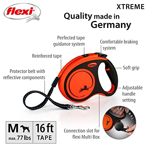 FLEXI Xtreme Tape Retractable Dog Leash for Medium Dogs Upto 77 lbs. –16 ft., Orange/Black |Tangle Free Pet Walking Leash with One-Handed Brake, Pause, Lock |German Quality Product - size: Medium