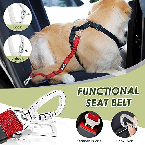 SlowTon Dog Seatbelt, 2 Pack Dog Seat Belt Car Leash Adjustable Elastic Bungee Buffer Heavy Duty Nylon Reflective Pet Safety Tether Connect to Dog Harness for Travel Riding in Vehicle (Daul Clip, R) - color: Red
