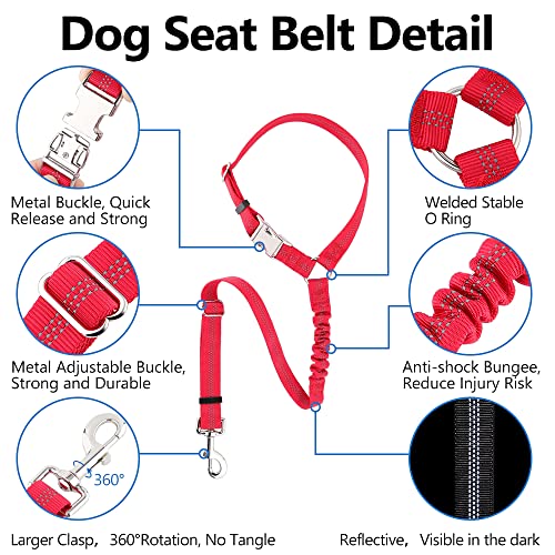 Plutus Pet Dog Seat Belt for Car Headrest, Reflective and Adjustable Restraint with Elastic Bungee for Safety, Vehicle Seatbelt Harness for Small Medium Large Dogs and Cats - color: Red