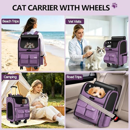 MGB Rolling Cat Carrier with Wheels: Dog Carrier for Small Dogs & Large Cats, Large Cat Carrier with YKK Zipper, Large Capacity, Breathable Mesh, Side Pocket, Purple (Not for Airline) - color: Purple