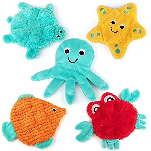 AWOOF No Stuffing Crinkle Squeaky Plush Dog Toys - Cute Animal Themed for Small to Large Dogs & Puppies - Bulk 5 Pack