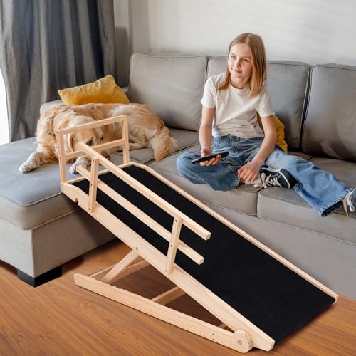 Dog Ramp for Bed, Adjustable Pet Ramps for Dog to Get on Bed, Non-Slip Rubber Surface - Folding Wooden Dog Ramp for Small/Large/Old Dogs, Adjustable up to 31 inch High Beds, Safety Railings - size: XL-for 31.4''H Bed