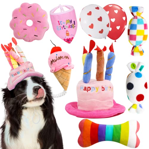 lilfrd Dog Birthday Toys Girl, Squeaky Plush Birthday Cake Hat Bandana, Birthday Gifts for Small & Medium Dog, 9 Pack Pink - style: Pink Birthday Pack