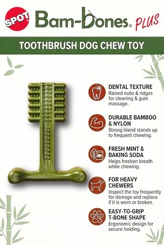 SPOT Bam-Bones Plus Toothbrush Dog Chew Toy 2-Pack for Small Dogs 10-30 lbs, Bamboo & Nylon Dental Chew with Mint & Baking Soda, T-Bone for Moderate to Heavy Chewers, 4 Inch - size: 4 Inch (Pack of 2)