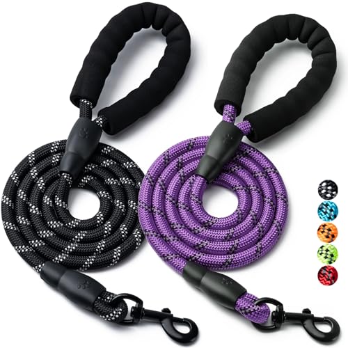 2 Pack Dog Leash, 4/5//6 FT Heavy Duty Nylon Rope Pet Leashes with Comfortable Padded Handle, Reflective Dog Leashes for Small Medium and Large Dogs (4FT-1/2,Black/Purple) - color: 2PCS-Black+Purple, size: 1/2"x 4 FT (18~120 lbs.)