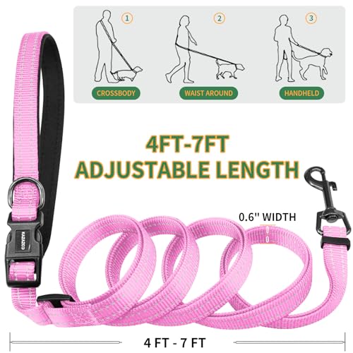 Kazazoo Hands-Free Dog Leash with Poop Bag Holder, Adjustable 4-7 Ft Waist for Dog Walking, Running for Small Dogs with Reflective Strips, Nylon Waist Belt, Pink - color: Pink
