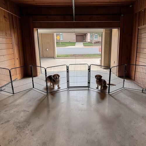 Extra Wide Adjustable Dog Gate w/Door – 40 inch Tall & Up to 214 Inch Wide 8 Panel Indoor Pet Barrier, Freestanding Heavy Duty Black Metal Fence for Medium & Large Dogs - size: 40 Inch