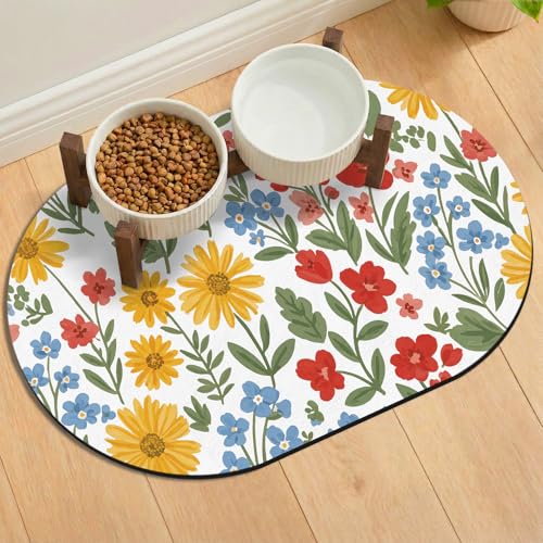 Absorbent Cat Mats for Food and Water 24''x16'', Non-Slip Rubber Mat for Cats Bowls, Easy Store Pet Food Placemat, Mats for Under Cats Food Bowls, Fit with Kitchen, Living Room, White Floral - color: White Floral, size: 24''x16''