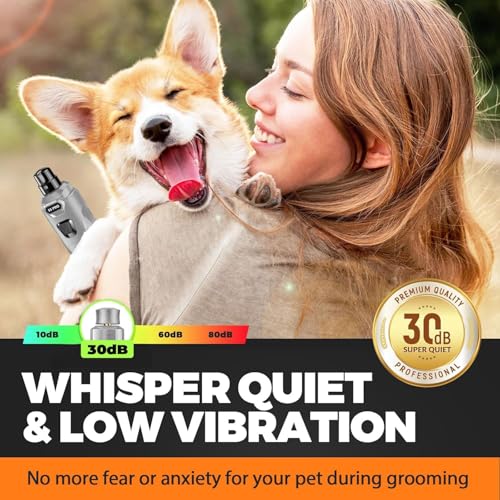 Whisper Quiet Dog Nail Grinder with 4 LED Lights, Safe & Stress-Free for Sensitive Dogs Cats of All Breeds & Sizes, 3 Grinding Bits, 3-Speed, Pet Nail Trimmers, Rechargeable Painless Grooming Kit Grey - color: Grey