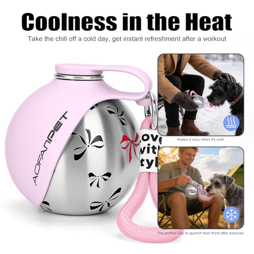 Portable Dog Water Bottle 10oz Stainless Steel Travel Dog Water Dispenser with Bowl No-Spill Puppy Water Bottle for Walking Hiking Small Dog Water Bottle (Pink Bow Print) - color: Pink Bow Print