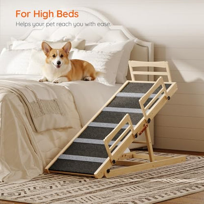 HOOBRO Dog Ramp for Bed, 47.2" Long Foldable Pet Ramp with Non-Slip Mat and Side Rails, Wooden Dog Ramp for High Beds, Couch and Car, 5 Height Adjustable from 15.6" to 25.2", Natural, NB42PT03 - size: 47.2"L x 17.7"W x 3.7"H