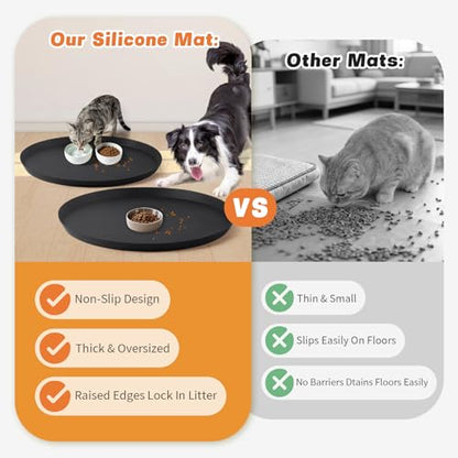 20" Silicone Pet Food Mat, 2PCS Waterproof Feeding Mat for Dog & Cat Extra Large Dog Bowl Mats with Raised Edge, Non-Slip, Protects Floors, Easy to Clean (Black) - size: 2pcs