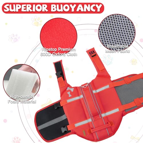 EMUST Dog Life Vests, Adjustable XS Dog Life Jacket with Rescue Handle, Puppy Flotation Vest for Small/Medium/Large Dogs, XS, Red - color: NewRed, size: XS