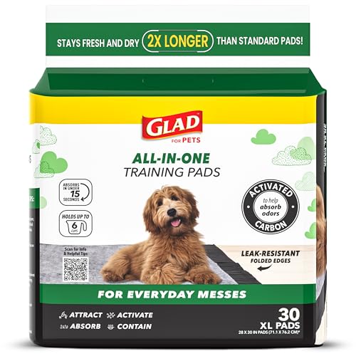 Glad for Pets Extra Large Charcoal Training Pads for Dogs and Puppies, Activated Carbon Odor Control, 6-Layer Absorbent Leak-Proof Pee Pads with Pheromone Attractant, 28 x 30 in, 30 Count - size: 30 Count (Pack of 1)