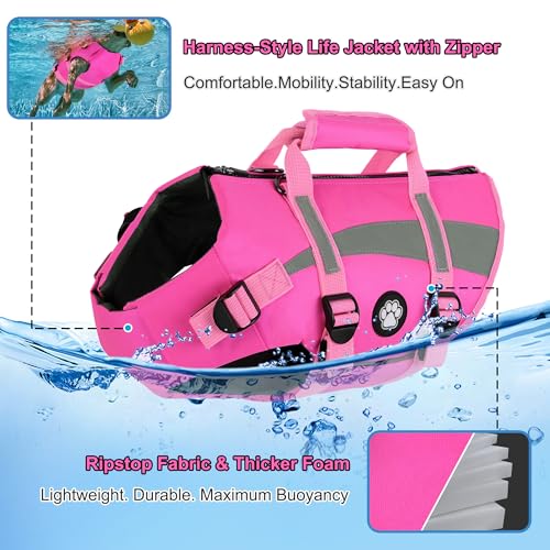 Dogcheer Dog Life Vest High Buoyancy Safety Jacket with Rescue Handle, Dog Swim Vest with Zipper, Reflective Adjustable Dog Flotation Vest for Water Swimming Boating - Pink, M - color: Pink, size: Medium