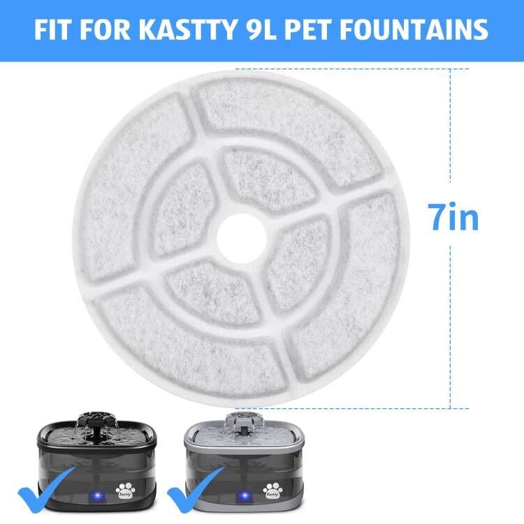 Kastty 6 Pack 18CM Larger More Activated Carbon Replacement F-ilters for 9L Large Dog Water Fountains, Food Grade, Made of Coconut Activated Carbon and PP Cotton, 6 + 6 P ump F ilters