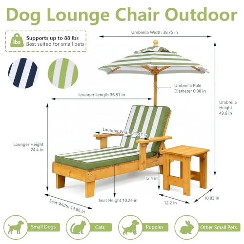 Dog Lounge Chair with Umbrella, Outdoor Elevated Dog Bed with Canopy and Removable Cushion, Pet Lounger with Side Table, Outdoor Dog Furniture for Backyard, Patio, Pool and Beach (Green)