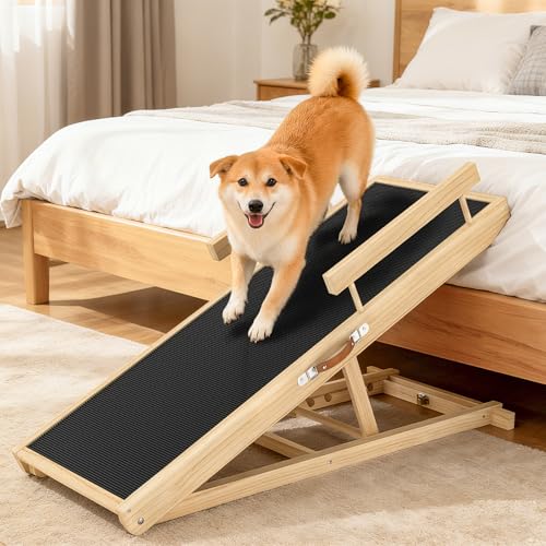 Dog Ramp for Couch, Bed or Car, Wooden 44" Long Pet Stairs for Small & Large Old Dogs & Cats, Hold up to 200lb, 5 Adjustable Height from 14.96" to 22", Portable Doggie Steps, Excellent Traction - size: 44"L*15.74"W*14.96"~22.04"H