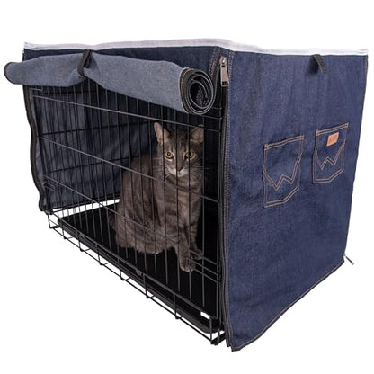 Wrangler Denim Dog Crate Cover – Durable, Breathable & Stylish Dog Kennel Cover with Rollable Panels & Front Pocket for Accesories - Machine Washable Crate Covers for Dog Cages (S) - size: S