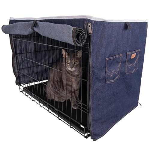 Wrangler Denim Dog Crate Cover – Durable, Breathable & Stylish Dog Kennel Cover with Rollable Panels & Front Pocket for Accesories - Machine Washable Crate Covers for Dog Cages (S) - size: S