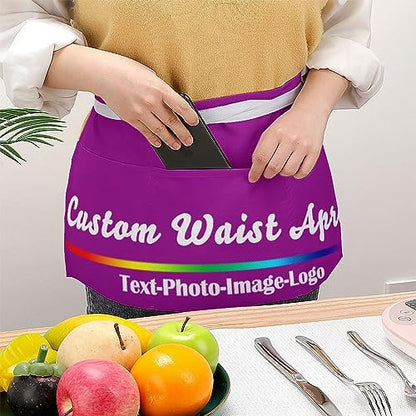sophiehome Custom Waist Apron with Pockets Add Photo Logo Name Personalized Waiter Server Short Aprons for Kitchen - color: Light Purple