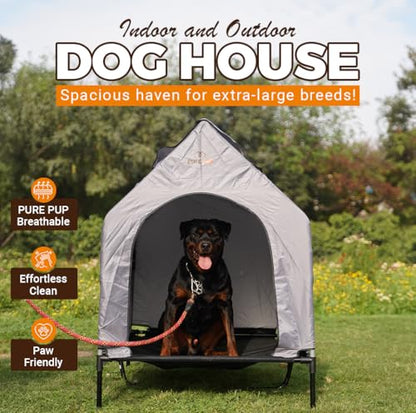 Outdoor Dog House with Roof Canopy Elevated Bed with Mesh Windows 41X24X17cm/5.7kg - Weatherproof Dog Shelter for Medium Breeds - Ideal Dog House Outdoor (Grey, Large)