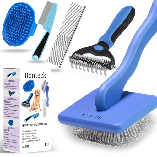 Bonteck Dog Slicker Brush for Dogs Grooming Kit 5PCS | Large Dog Brush for Goldendoodles Poodles Doodles | Long Pin Haired Brush | Poodle Brushes and Comb (Blue) - color: Blue